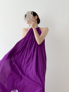 紫罗兰苎麻无袖挂脖连衣裙女夏季设计感气质宽松海边拍照度假长裙