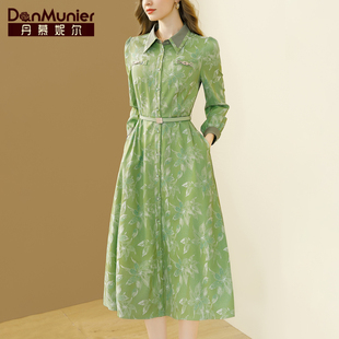 丹慕妮尔绿色高级感提花衬衫连衣裙女2024春季气质收腰长裙子