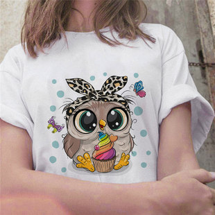 cute owl Women Tshirt夏季可爱猫头鹰大码女装原宿风休闲t恤衫女