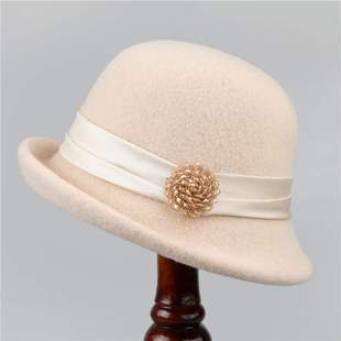 法式复古翘边礼帽女士褶皱保暖羊毛呢盆帽秋冬季时尚气质渔夫帽子