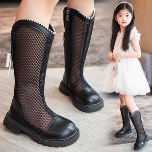 女童夏季高筒靴时尚长靴，儿童马丁靴中大童公主风网面长筒靴子