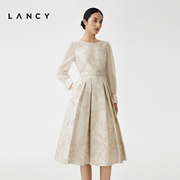 LANCY/朗姿2023冬季高腰圆领显瘦长袖印花A字印花连衣裙子