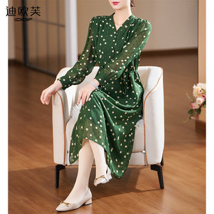 迪欧芙2024春季时尚绿波点长裙气质高级感连衣裙女#CLQ16323