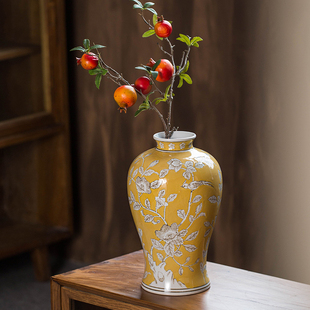 手工堆釉黄色手绘青花瓷花瓶，摆件中式客厅水培插花花器有凹凸感