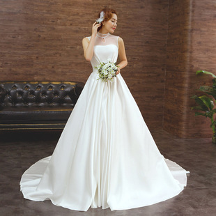 新娘抹胸小长拖尾结婚礼服 显瘦修身韩式婚纱 公主齐地婚纱