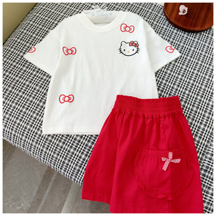 好好看110-160女童夏季短袖，卡通kt猫白色，t恤+红色蝴蝶结五分裙裤