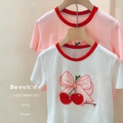 夏季品牌女童短袖纯棉，t恤裙子樱桃，粉白两色休闲连衣裙公主风