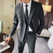 双排扣条纹韩版小西装外套男套装英伦风帅气青年修身学生一套西服