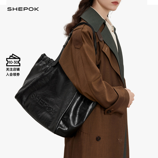 SHEPOK购物袋真皮大容量柔软托特大包抓纹头层牛皮单肩包女电脑包