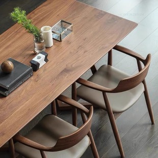 纯实木餐桌家用现代简约轻奢长方形书桌胡桃色洽谈茶桌广岛椅组合