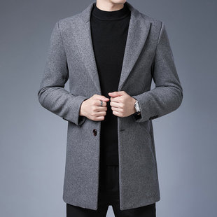 冬季男装羊毛呢大衣，西装领单排扣中长款直筒型商务绅士
