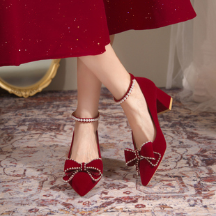 秀恋歌红色婚鞋秀禾服两穿高跟鞋子新娘，鞋孕妇粗跟中式礼服鞋