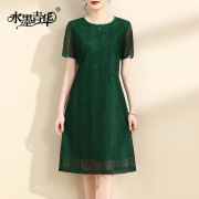 水墨青华2023夏季修身百搭蕾丝裙优雅收腰时尚绿色短袖连衣裙