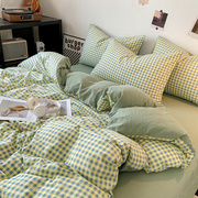 ins日式绿小格子水洗棉四件套1.5床笠床上用品单人床单被套三件套