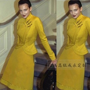 高级定制拼接复古优雅新中式羊毛黄色旗袍外套A半裙时尚西装套装