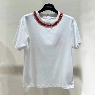 YongLeap柜品高货早春简约时尚圆领领口钉珠纯棉短袖直筒T恤