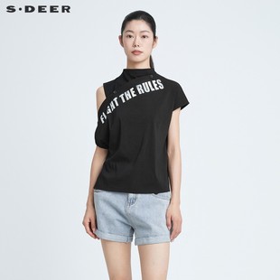 sdeer圣迪奥明星同款小众设计夏装个性挖肩不规则T恤女S21280163