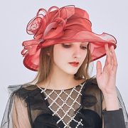 韩版花朵网纱太阳帽女夏季可折叠防晒遮阳凉帽，复古欧根纱大沿礼帽