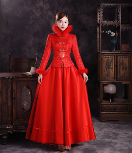 2023冬季红色新娘加棉敬酒服结婚优雅气质套装旗袍纱裙秀禾服