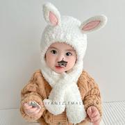 婴儿帽子围巾套装冬季男宝宝兔耳朵毛绒帽可爱幼儿儿童保暖护耳帽