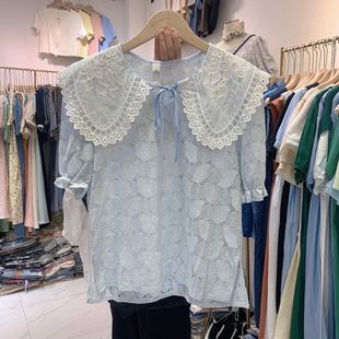 QZ2021韩版短袖娃娃领系带蕾丝镂空气质名媛雪纺衫女蕾丝衫女