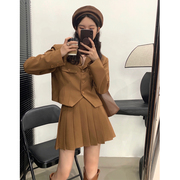 韩版高级感复古洋气气质短款西装，外套+a字百褶半身裙两件套套装女