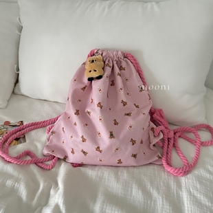 mooni粉色小熊双肩包帆布(包帆布)大容量收纳袋抽绳运动少女风ins学院风