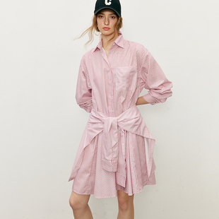 自带造型感假两件设计法式甜美粉色条纹系带收腰衬衫式连衣裙子