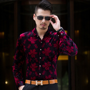 尊信国际美枫福徕长袖，修身丝绒衬衫中国风，商务男艺术植绒休闲衬衣