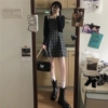 日系娃娃领灯笼袖，衬衫+格子背心连衣裙，秋季套装女学生两件套2022