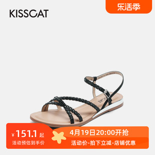 kisscat接吻猫夏季水钻露趾平底一字扣带仙女风凉鞋女ka21387-51
