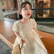 韩版洋气女童镂空泡泡，袖连衣裙夏装，2024花边短袖儿童夏季裙子