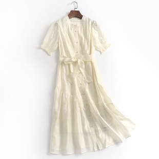 z413纯色镂空褶皱，立领显瘦修身泡泡，短袖韩系风夏季长裙连衣裙