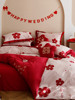 浪漫100支双面婚庆长绒棉，四件套印花刺绣结婚大红色，被套床上用品