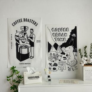 黑白色简约插画背景布咖啡(布咖啡，)奶茶店墙面，装饰挂布ins风网红拍照道具