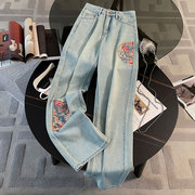 YKK新中式国风刺绣阔腿牛仔裤女装夏季高腰窄版垂感直筒裤子