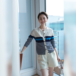 WinnieTang“法式海魂衫”新奥48s/2精纺羊毛开衫 条纹圆领外套