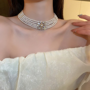 镶钻多层珍珠锁骨，链女复古气质宴会礼服，短款项链夸张设计感颈链