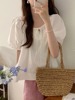 韩国chic夏季简约纯色甜美系带圆领泡泡袖衬衫，宽松娃娃衫洋气上衣