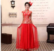 旗袍2024春七分袖红色，蕾丝长款新娘，中式婚礼敬酒服套装秀禾裙