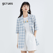 gcrues格子小西装外套女薄款夏季开叉，方领韩版五分袖上衣宽松