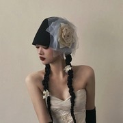 哥特风暗黑网纱玫瑰羊毛呢盆帽子女小众高级感时髦精酷拽写真礼帽