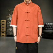 中国风男装唐装夏季棉麻衬衫，中式宽松短袖衬衣亚麻半袖立领中山装