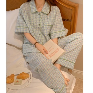 睡衣女夏季短袖长裤韩版简约清新格子碎花，泡泡棉布家居服两件套装