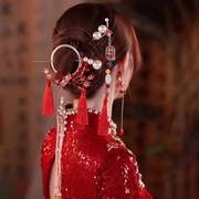 新娘敬酒服头饰女盘发簪，结婚新中式简单大气，旗袍发饰红色