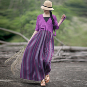 赫轩原著亚麻连衣裙装气质女夏季短袖v领紫色长裙子修身长裙