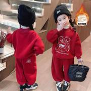 N2024女童加绒卫衣套装儿童红色新年衣服宝宝休闲运动两件套