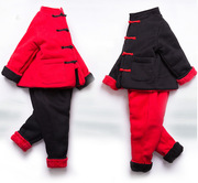 儿童加绒套装新年装男宝宝唐装棉衣裤Q6女童中国风汉服红色拜年服