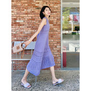紫色镂空无袖针织连衣裙小众设计感法式气质吊带背心长裙子女夏季
