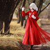 红色裙摆式刺绣连帽毛呢外套女冬中长款拼接网纱呢子大衣